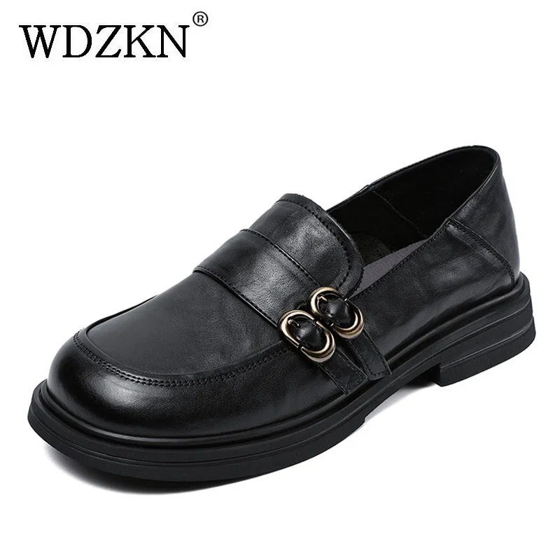 

WDZKN British Style Genuine Leather Loafers Women Spring Round Toe Slip On Low Heel Shoes Retro Style Soft Sole Leisure Shoes