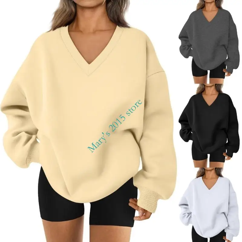 

E15F осенне-зимняя женская рубашка с v-образным вырезом, свободная повседневная толстовка из полиэстера, пуловер с длинными топ