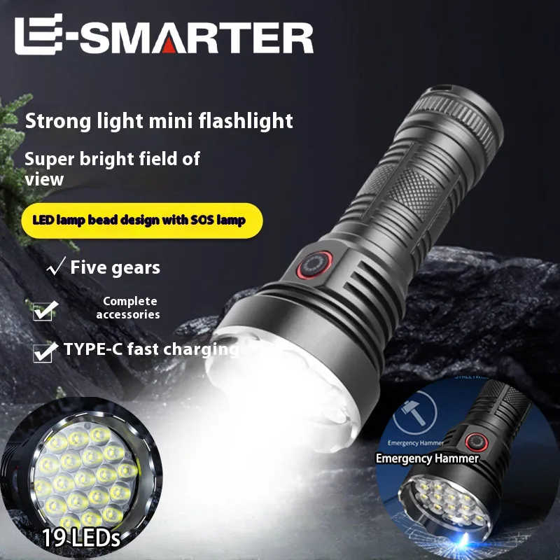 Rechargeable Tactical Flashlight 19LED 3200Lm EDC Torch 5 Lighting Modes Outdoor Camping Fishing Hunting Super Bright Flashlight