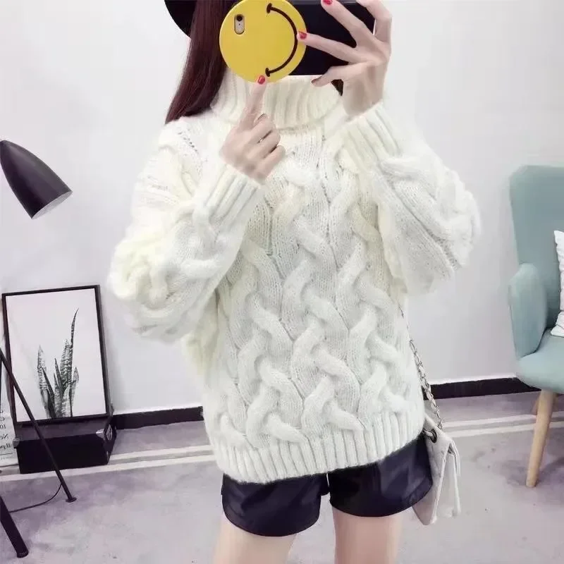 Thickened High Neck Sweater Crochet Short Knit Pullover Women Long Sleeved Top Sweet Loose Casual Commuting Autumn Winter