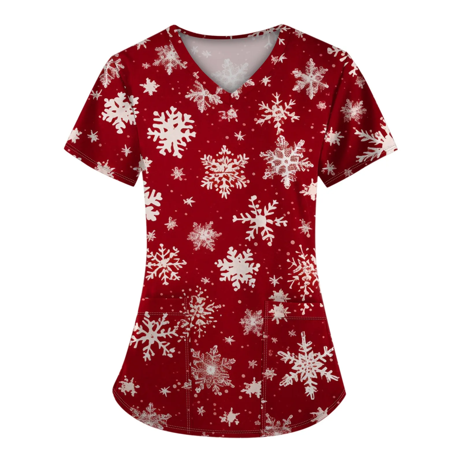 زي نسائي مطبوع عليه عيد الميلاد ، زي موحد للعمل ، جيب برقبة على شكل حرف V ، توبات واقية ، مقاس كبير ، مقاس كبير