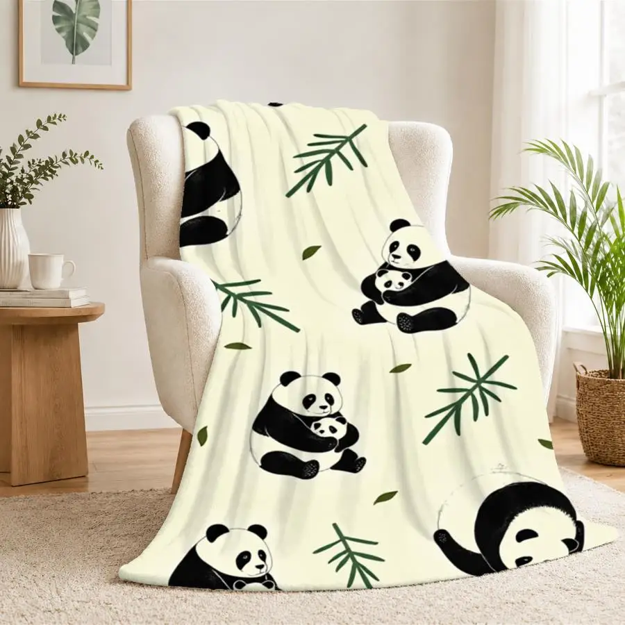 1pc Cozy Panda Print Flannel Blanket - Lightweight Soft Warm Throw for Sofa, Travel, Camping, Living Room, Office, And Chair, Featuring Cute Black And White Illustrations of Pandas with Bamboo on a Light Cream Background