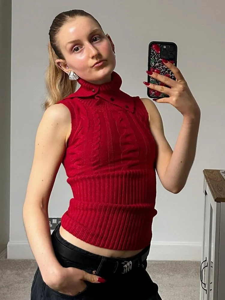 

Vintage Knitted Tank Tops for Women Y2K Fashion Turtleneck Sleeveless Slim Tops Summer Casual Tee Female Streetwear 2024
