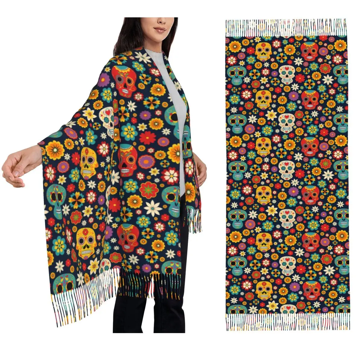 

Day Of The Dead Pattern Sugar Skull Santa Muerte Scarf Tassel Scarves for Women Shawls and Wraps Large Fall Winter Shawl Wrap