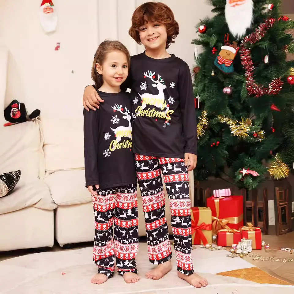 New 2024 letter Snowflake Deer Christmas family dress printed home dress pajamas pajama pants 2 sets &3-24 months baby onesie