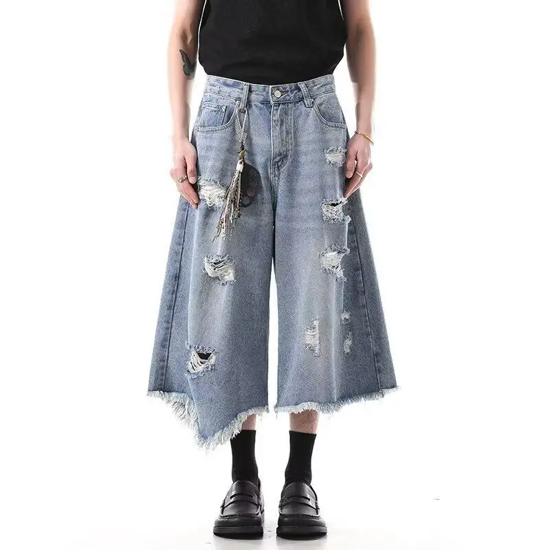 Women's Multiple Holes Burr Wide Leg Calf-length Trousers Girl Shorts Jeans Summer Pants Female High Waist Capris Sweatpants