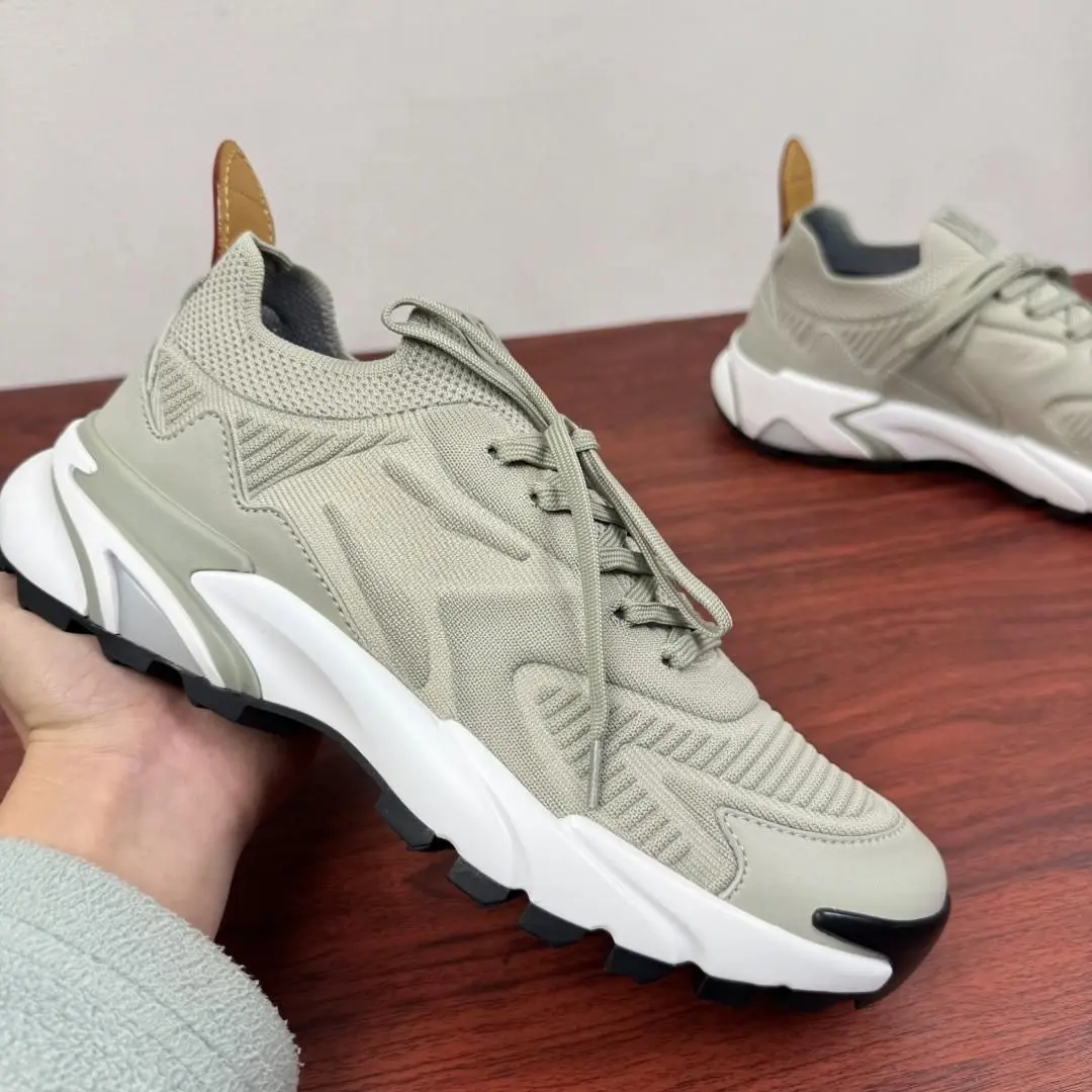 Unisex Light Gray Knit Chunky Sneakers, Breathable Mesh Fabric Lace Up Thick Sole Hiking Style Casual Walking Shoes