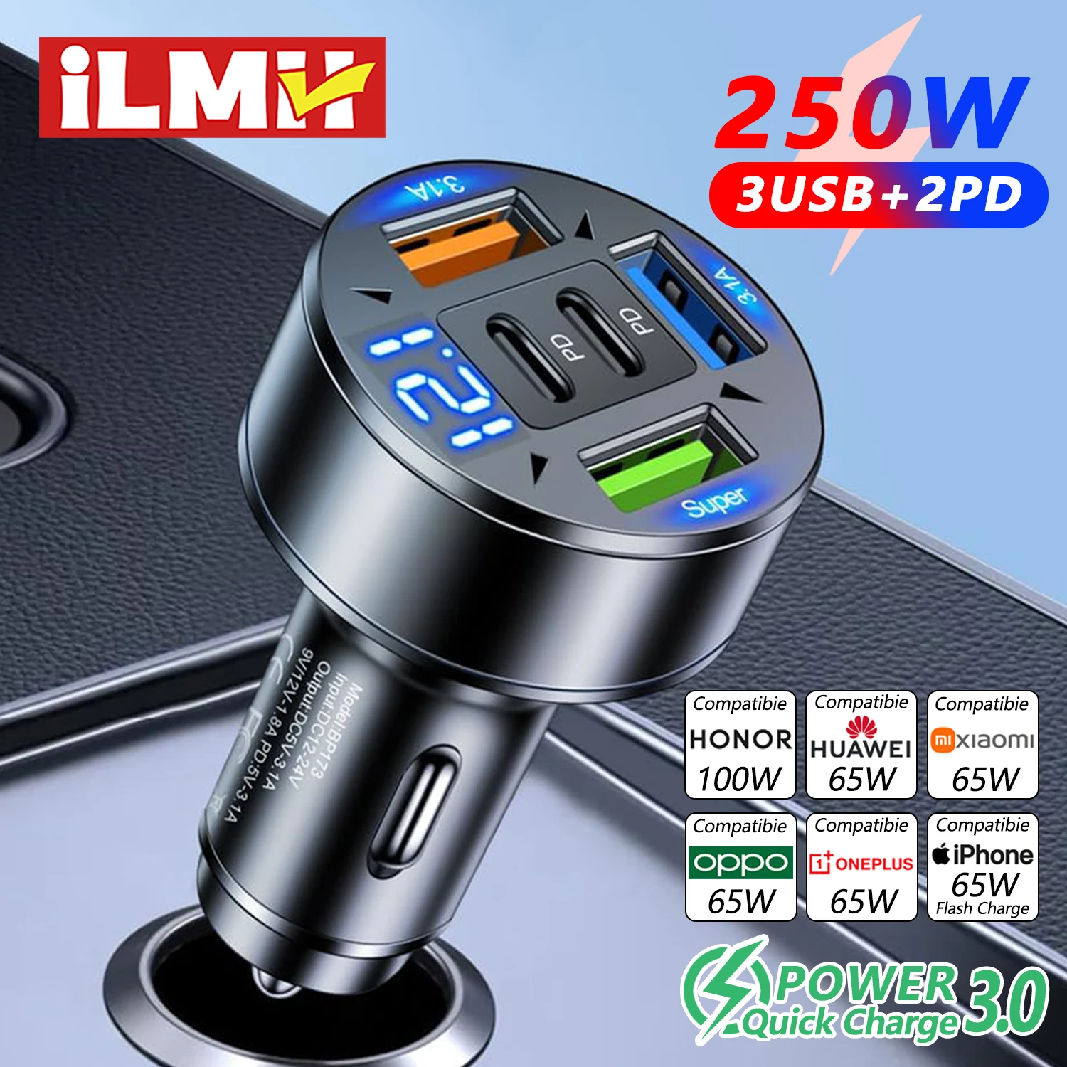 250W 5-in-1 PD QC3.0 Car Charger Fast Charging USB C for IPhone,Samsung Galaxy, IPad Pro, Multi-Port Cigarette Lighter Adapter