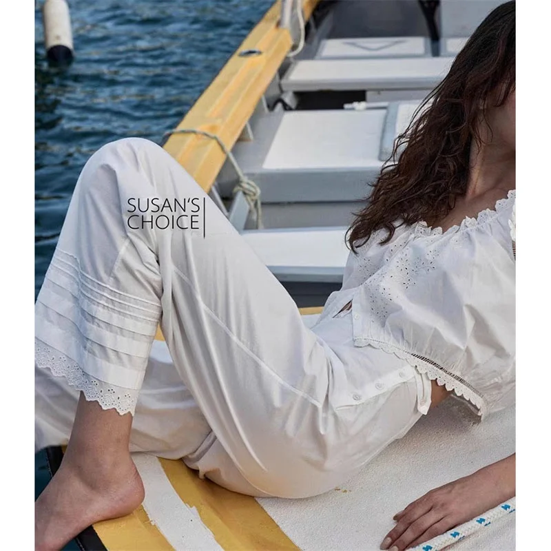 Susan taille haute jambe droite coton pantalon femme pur coton brodé dentelle pantalon décontracté été Faion Ele