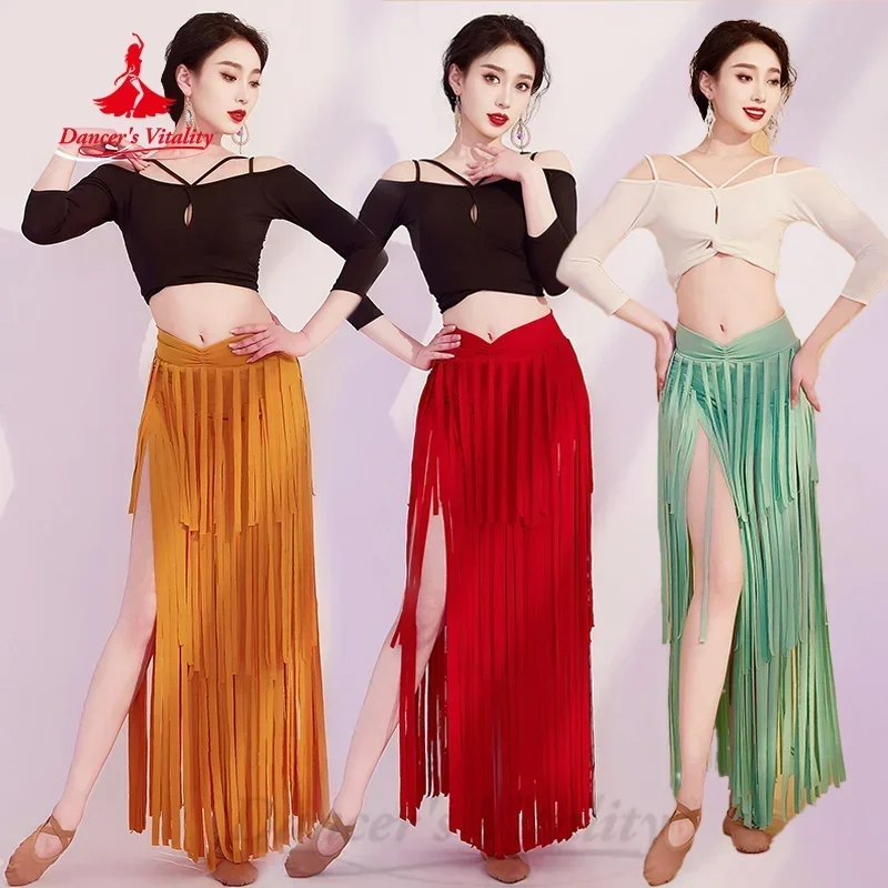 BellyDance Practice Set Long Sleeved Top+Tassel Long Skirt 2pcs Adult Female Oriental Belly Dance Professional Training Clothes