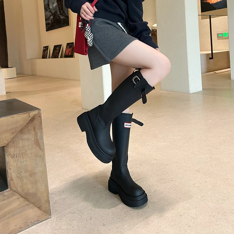 Moda joelho botas femininas 2025 outono nova plataforma dedo do pé redondo botas altas