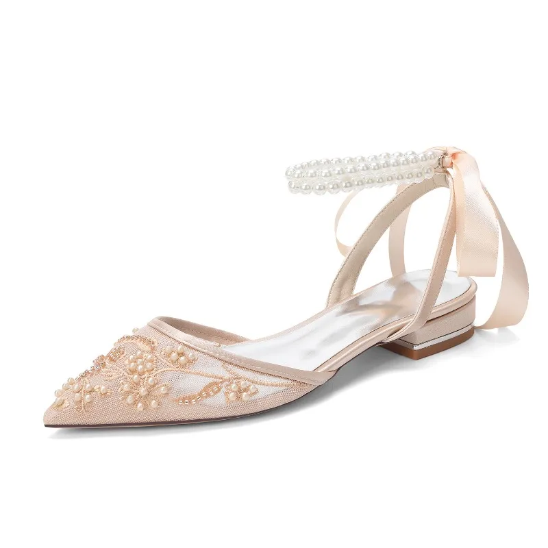 Women's Sandals Temperament Lace Embroidery Mesh Shoes Luxury Pearl Ankle Strap Wedding Bridal Shoe Beautiful Women Flat Sandals - view 4