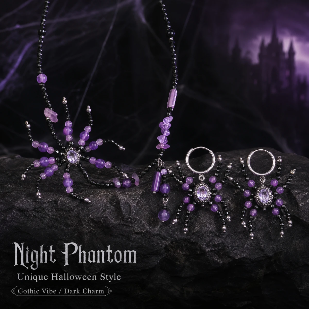 Faceted Black Spinel Amethyst Spider Necklace Gothic Halloween Pendant Stainless Steel Copper Chain Chakra Protection Gifts