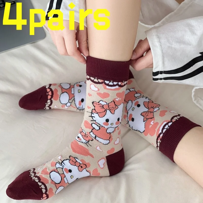 4 أزواج من جوارب HelloKitty المضادة للانزلاق، جوارب بيلاتيس للياقة البدنية والمشي لمسافات طويلة، جوارب للدراجة، جوارب نسائية، جوارب يوجا للرقص