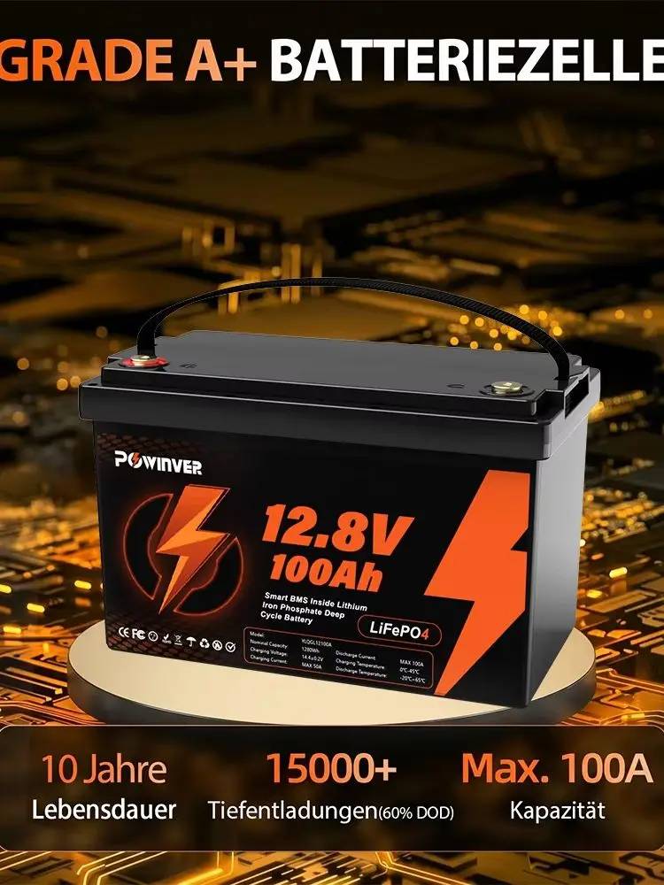 POWINVER 12,8V 100Ah LiFePO4 Lithium-Batterie mit integriertem Smart-BMS, wiederaufladbare Deep-Cycle-Batterie für Solarpanel, Wohnmobil, Boot, Wohnwagen, netzunabhängige Energiespeicherung,
