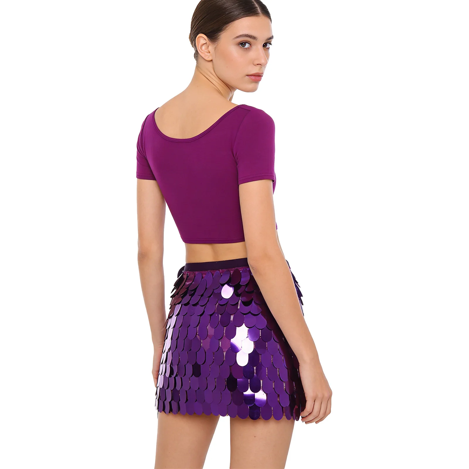 Costume da danza del ventre da donna, girocollo, manica corta, camicia corta e sciarpa allacciata con paillettes lucide per club di classe sul palco