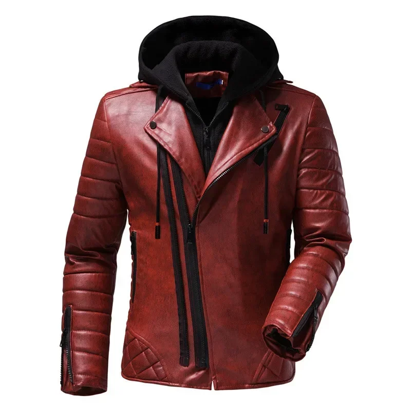 2022 New Men 's PU Hooded Leather Jacket Personality cotton dowm Jacket Large Size Fashion Men' S Clothing