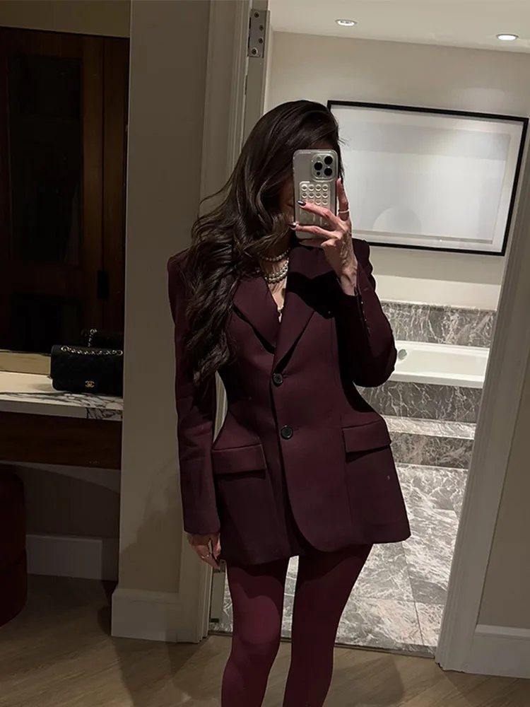 Blazer à simple boutonnage pour femme, veste à revers bordeaux, manches longues, poches trempées, vêtements d'extérieur élégants, mode, nouveau