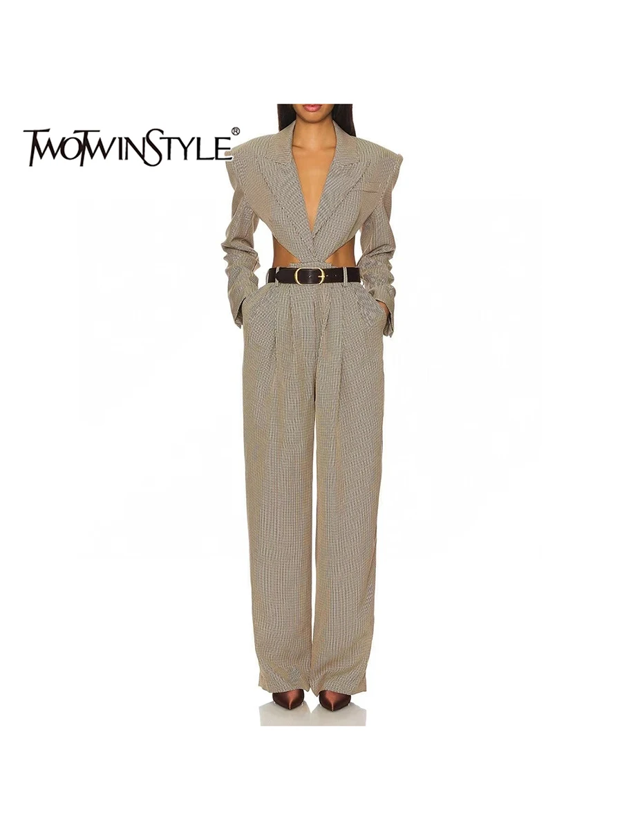 

TWOTWINSTYLE Hit Color Temperament Jumpsuits for Women Lapel Long Sleeves Backless High Waist Wide Leg Jumpsuit Femlae Fashion