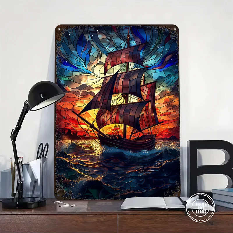 Stained Glass Pirate Ship 3D Texture Metal Poster Customized Wall Art Tin Sign Gift for Mancave Decoration Living Room Ornaments