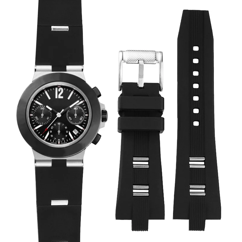 Rubber silicone Watch strap For Bvlgari Watch band Raised 22x8 24x8mm Wrist band Pin Buckle GMT men's and women's Black Bracelet