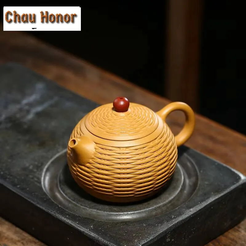 

280ml Yixing Purple Clay Teapots Handmade Bamboo Braided Xishi Tea Pot Raw Ore Gold Section Mud Kettle Teaware Tea Ceremony Gift