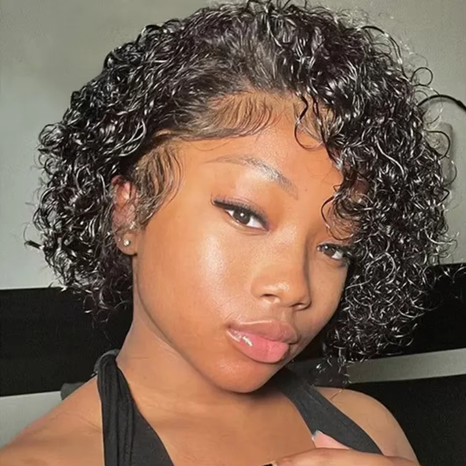 

13X4 Short Curly Pixie Cut Wigs Human Hair Transparent Rose Curly Lace Frontal Wigs Human Hair For Black Women