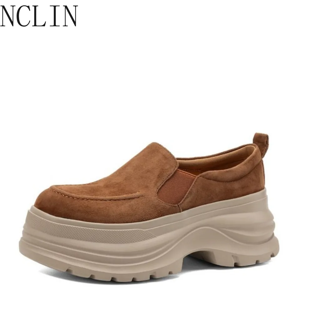New Women's Loafers  Autumn Thick Soled Round Toe Comfortable Height Increasing Shoes  Women's Genuine Leather Platform Shoes