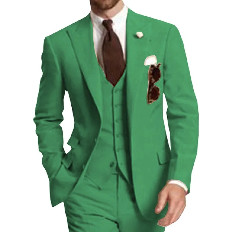 Green Men Suits Peaked Lapel Two Button Custom Made Wedding Groom Tuxedos Jacket+Pants+Vest