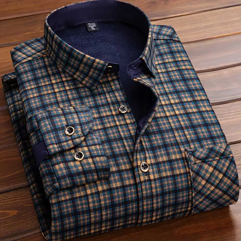 Ins Autumn Men Fleece Lined Thick Plaid Long Sleeve Shirt Slim Fit Casual Outerwear Polyester Youth Popular Tops