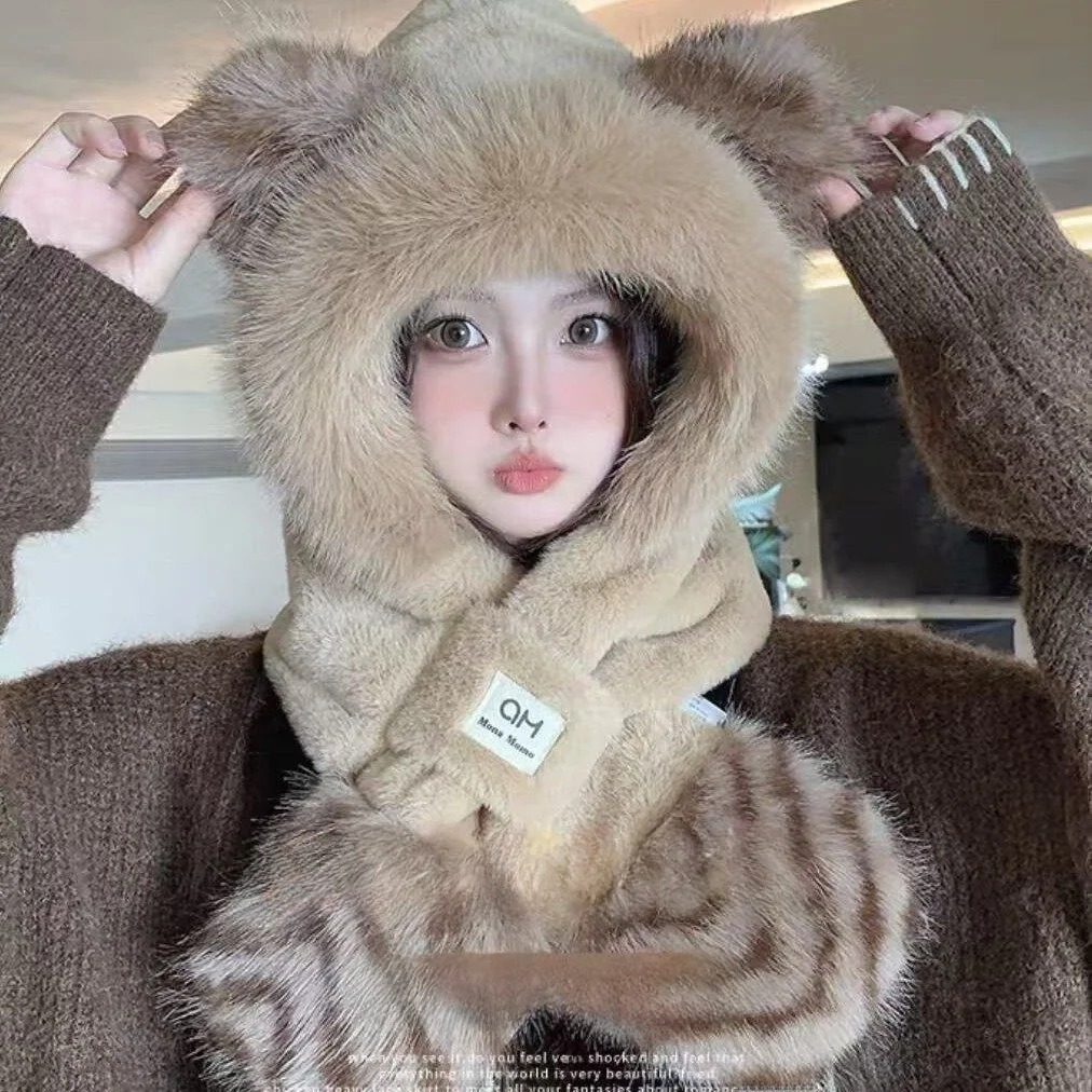 厚みのあるかわいいクマのぬいぐるみ帽子スカーフ一体型雷峰スタイル冬新作レディースおしゃれ暖かい居心地の良いオーバーヘッドキャップ
