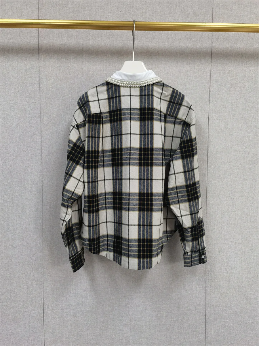 Shirt for Women 2024 New Spring Autumn 100% Cotton Bead Chain Plaid Turn Down Collar Vintage Long Sleeve Blouse