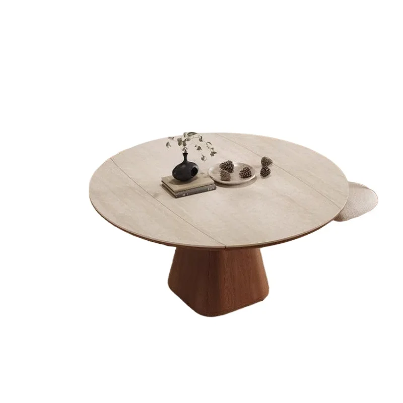 Nordic high-end solid wood dining table, round with turntable household new walnut color family high-end rock slab