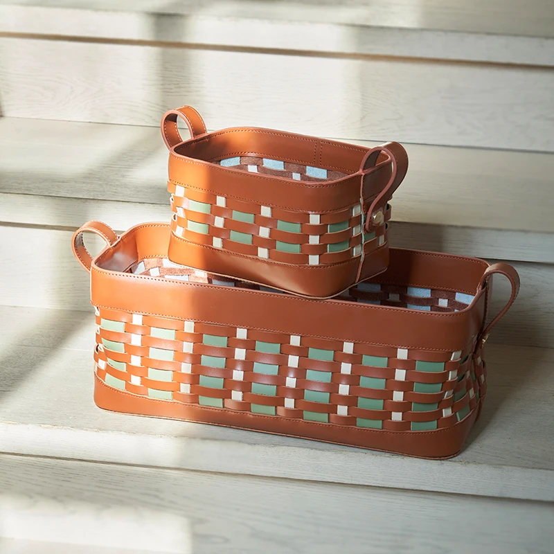 Weaving storage basket, leather cosmetics storage