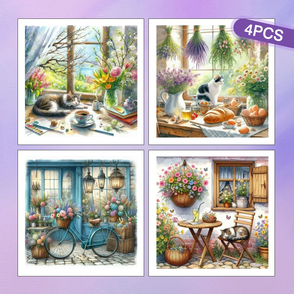 HUACAN 4-teiliges Diamant-Malerei-Set, Katze, Tier, Fenster, Bild, Strasssteine, Mosaik, Blumenlandschaft, Zuhause, Kunsthandwerk, voller runder Bohrer
