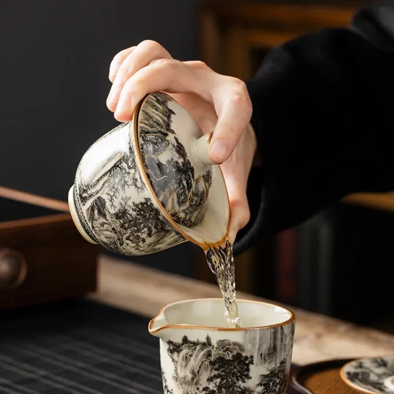 160ML Ru Kiln Landscape Porcelain Gaiwan Set For Tea Tureen Teaware Cup Chinese Yellow Ceramic Opening Tea Bowls Tea Ceremony 3