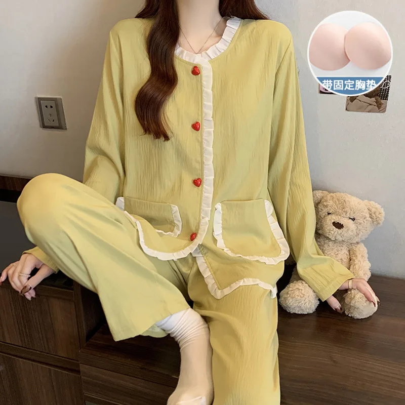 

Повседневная женская ночная рубашка, костюм из двух предметов, ночная рубашка с длинными рукавами, одежда для сна с отложным воротником, брюки, свободная домашняя одежда, женская одежда