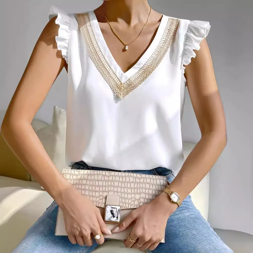 Fashionable Lace Stitching V-neck Ruffled Sleeveless Vest Top For Women Summer Casual White Shirt And Blouse Top