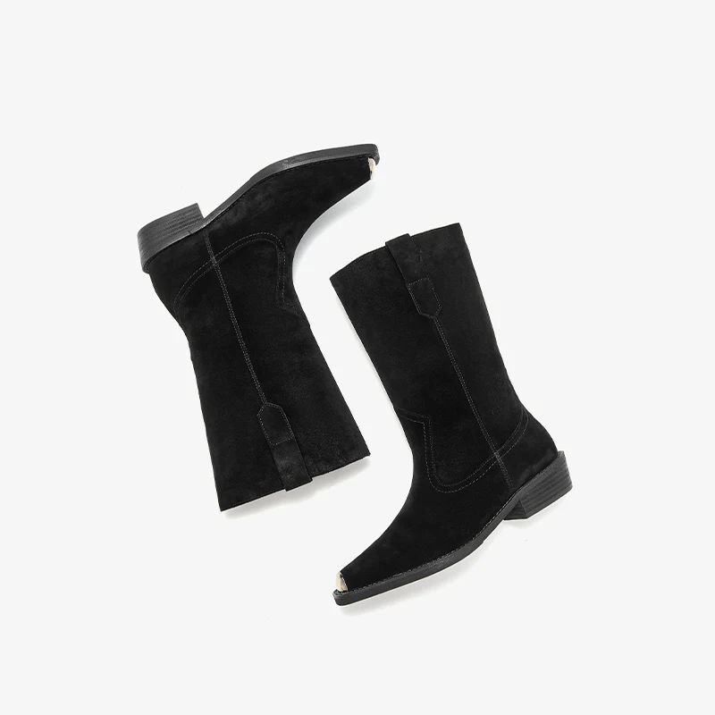 BEAUTODAY Mid-Calf Boots Women Cow Suede Leather Square Toe Metal Decoration Western Boots Slip-on Ladies Shoes Handmade 06128