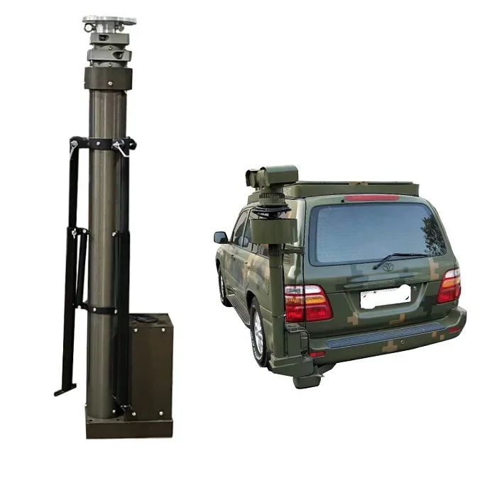 Single person rapid deployment of 6-meter telescopic mobile mast for communication trucks