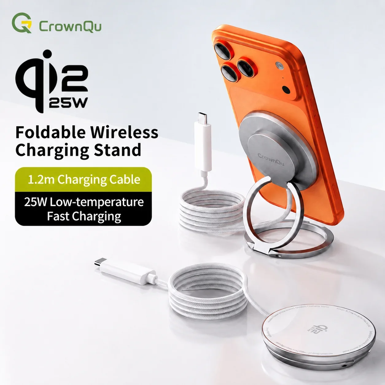 Qi2.2 25W Magnetisches Kabelloses Ladegerät mit 47,2 Zoll Kabel, Schnelles Laden, Faltbarer Ständer für iPhone 17 16 15 Pro Max Huawei Xiaomi iPad
