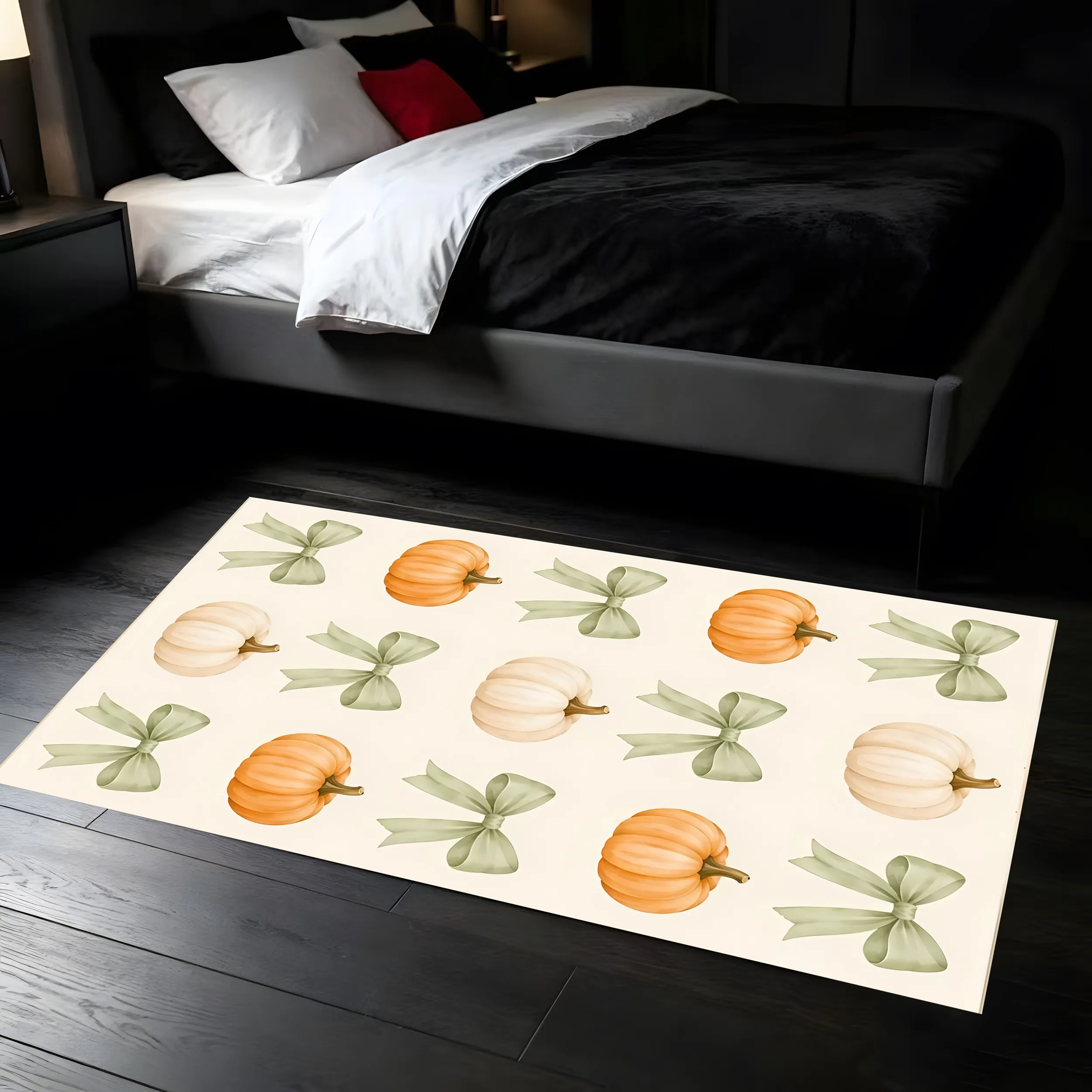 Halloween Carpet 2D Rug Pumpkin Bow Print Fresh Watercolor Style Soft Warm Visual Feel Perfect Autumn Thanksgiving Carpet