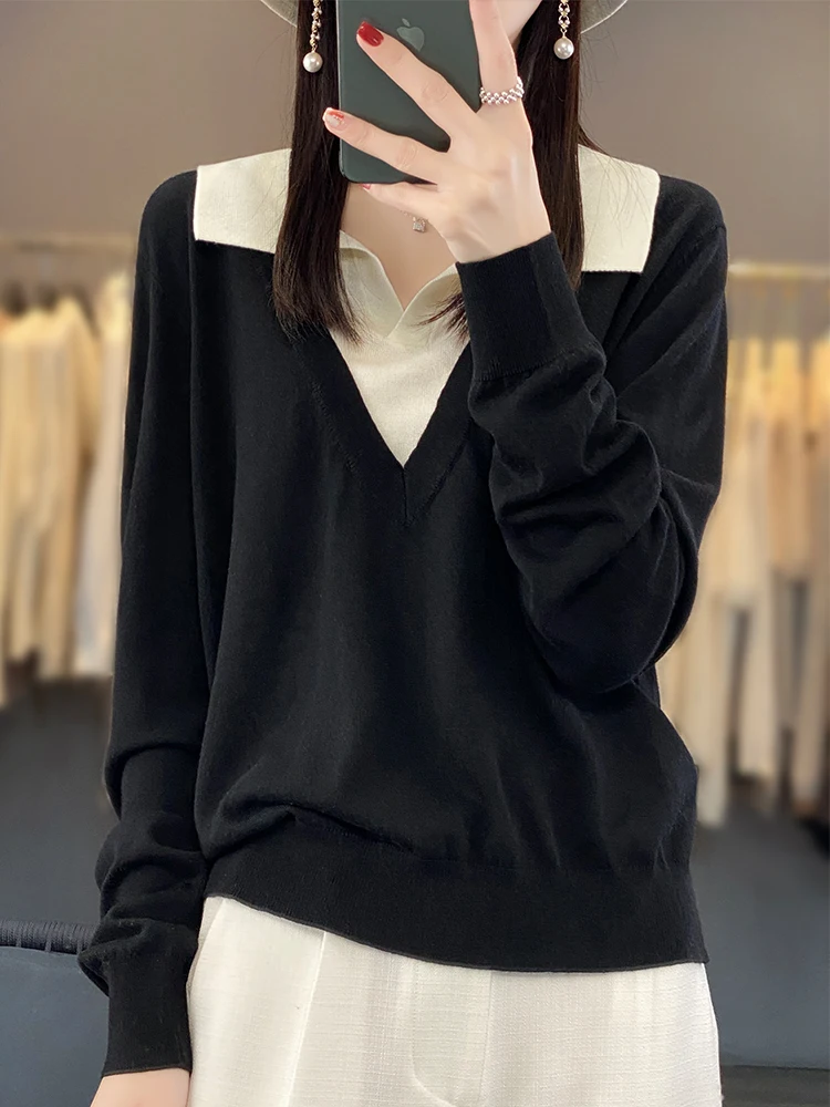 100% Merino Wool Women's Pointed Collar Pullover Autumn Winter V Neck Long Sleeve Multi Color Loose Outerwear Fashion Soft Tops