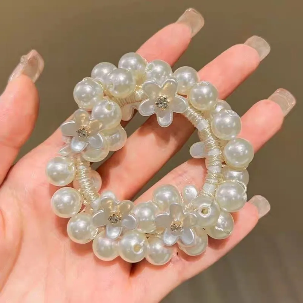 Decorative Sweet Faux Pearl Hair Ties Beaded 2 in 1 Elastic Hair Rope Bracelet Hand-Woven Hair Accessories Party