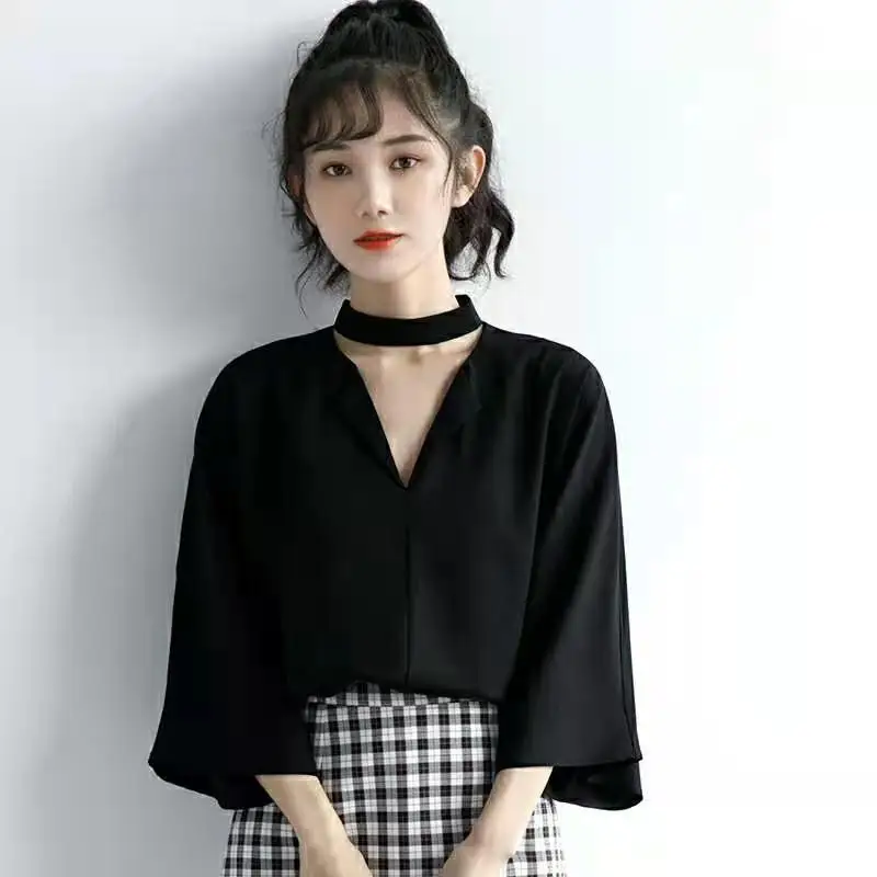 Women Summer Korean Simplicity Loose Solid Color Appear Thin V-neck 3/4 Sleeve Shirts Women Clothes Casual All-match Trend Tops