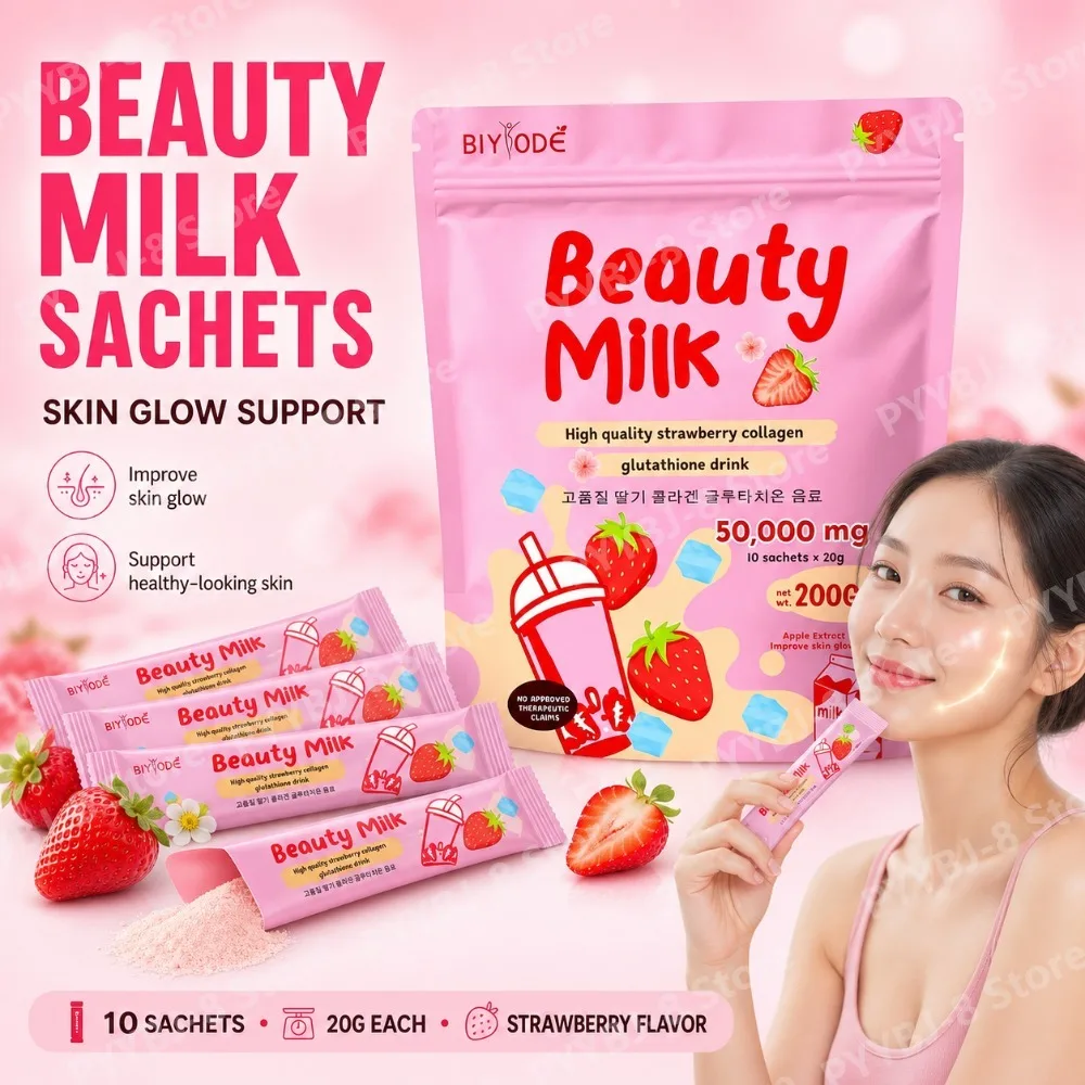 BIYODE Beauty Milk Powder Sachets Strawberry Collagen Glutathione Drink Support Healthy and Bright Skin Texture 10 Sachets
