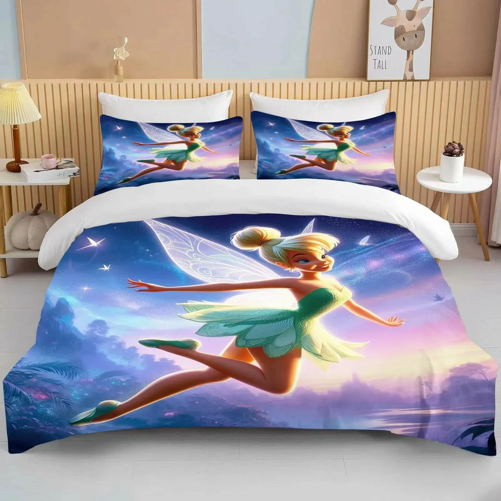 Disney Fairy Tinker Bell Duvet Cover Pillowcase, Bedding Home Two Piece Set Cute Gift Multiple Sizes for Adults and Children