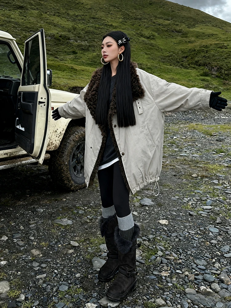 

Женское хлопковое джатовое пальто средней длины в стиле ретро в Корейском стиле, свободное теплое пальто Sli и Ele Faionable Cotton Out...