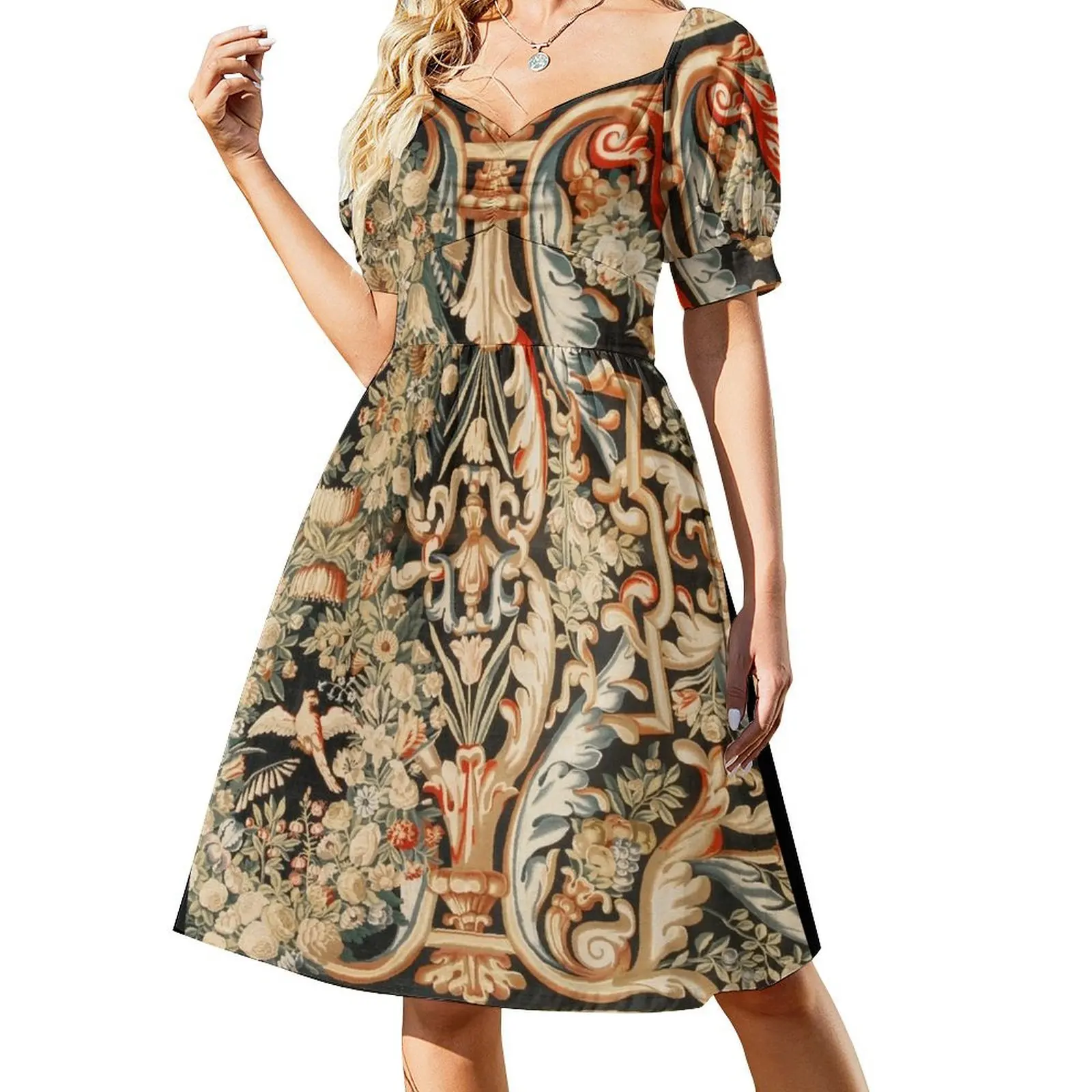 

Antique French Gobelins Aubusson Tapestry Print Short-Sleeved Dress dress for woman bandage dress