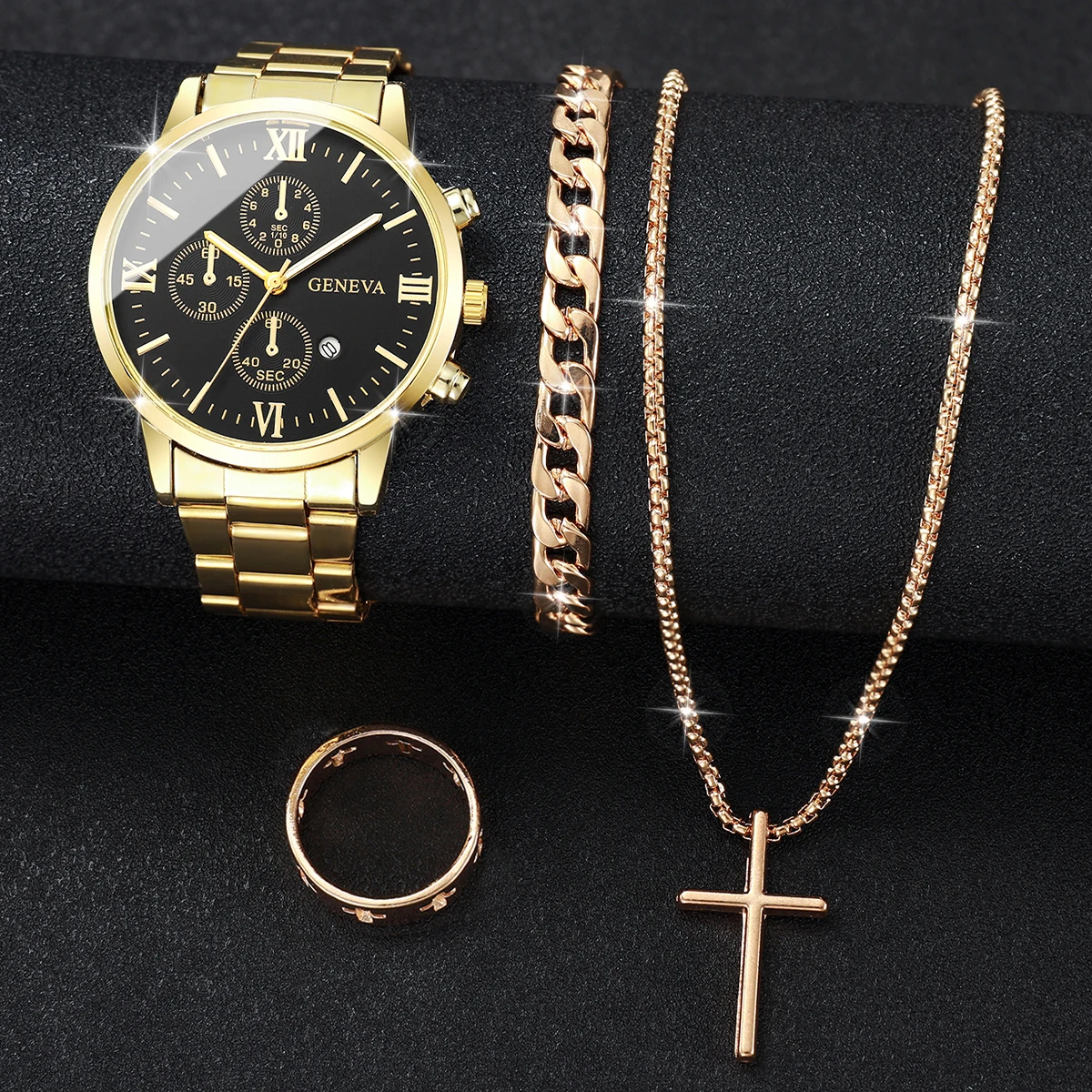 4pcs/set Men's Trendy Watch Bracelet Necklace Ring Set Hip Hop Style Casual Men's Cool Quartz Watch Set (No Box)